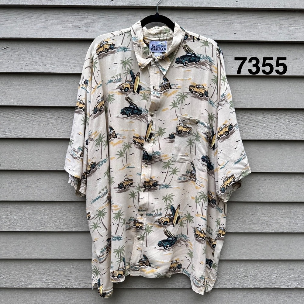 Sun Casuals Mens 3X Hawaiian Shirt Beige Surf Truck Beach Rayon Button Up